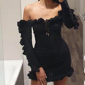 House Of CB Tatyana Black Frilled Lace Up Dress